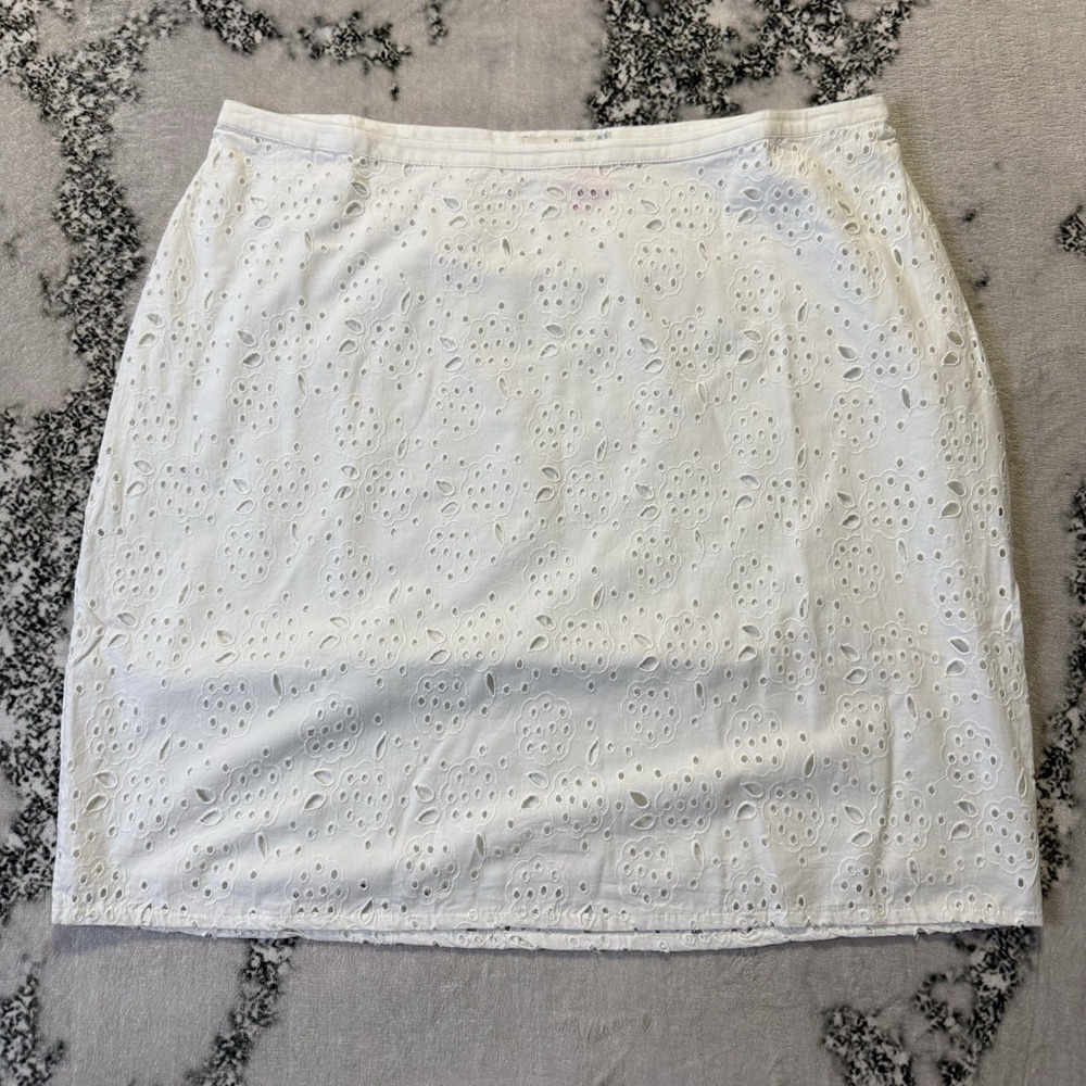 Boden Skirt Womens Size 16 White Eyelet Floral Print Broderie Pencil 100% Cotton